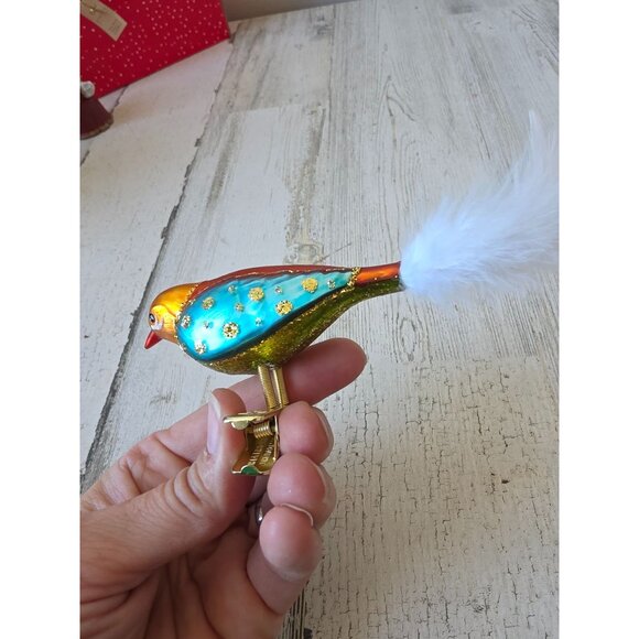 Kathe wohlfahrt glass sparkle bird clip ornament gold blue Xmas feather tree - Picture 6 of 8